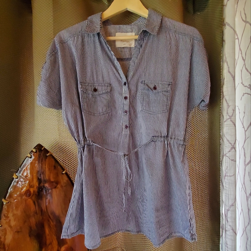 Denver Hayes Vintage Short Sleeve Tie Waist Blue Striped Blouse Top